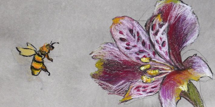 Animation still of bee flying toward a flower.